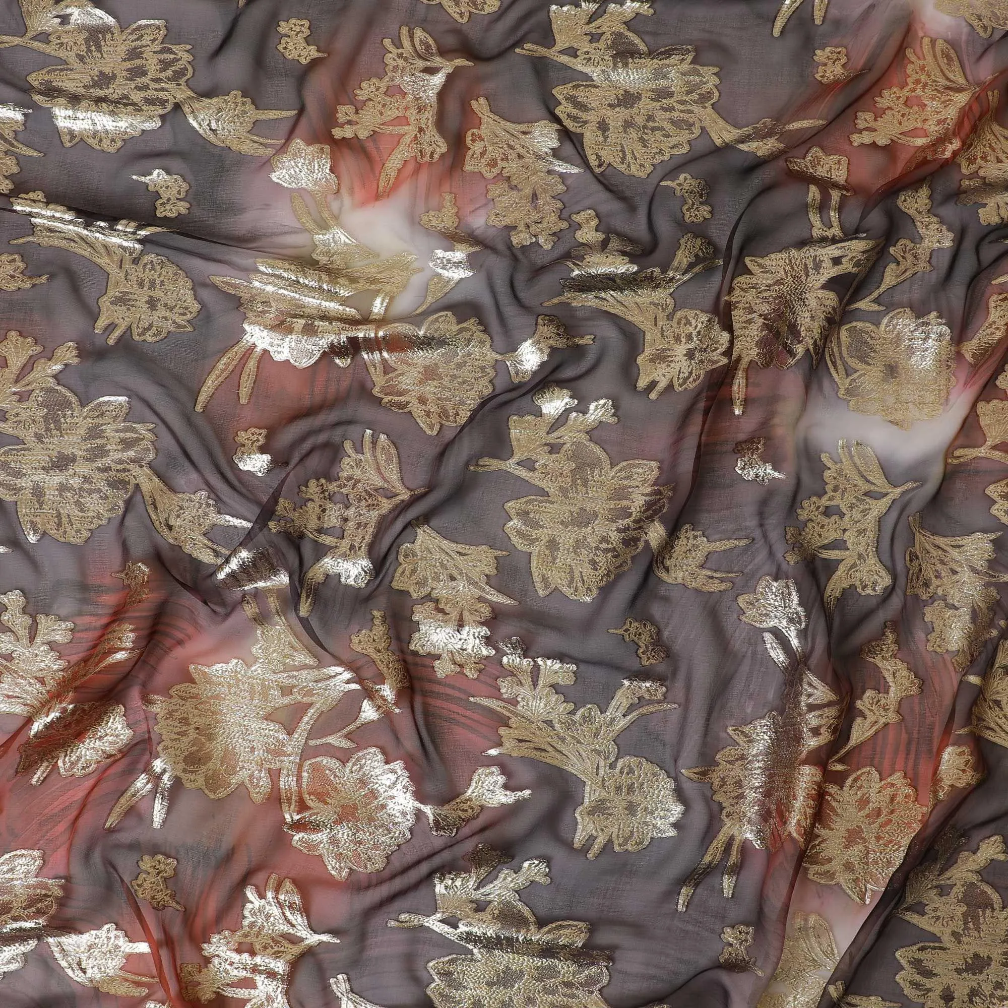 Rust, grey premium pure silk hand printed chiffon fabric with gold metallic lurex in floral design-D9075