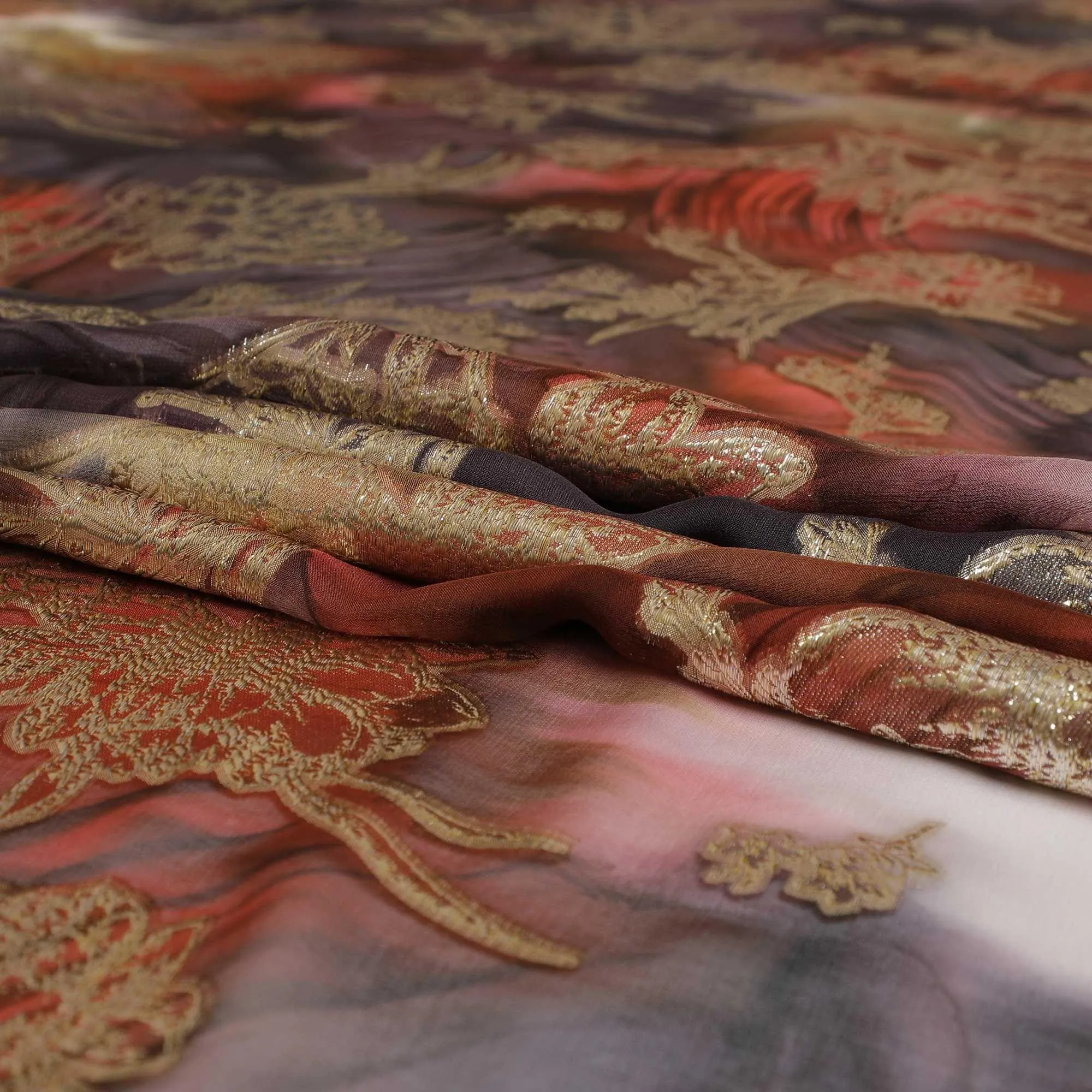 Rust, grey premium pure silk hand printed chiffon fabric with gold metallic lurex in floral design-D9075