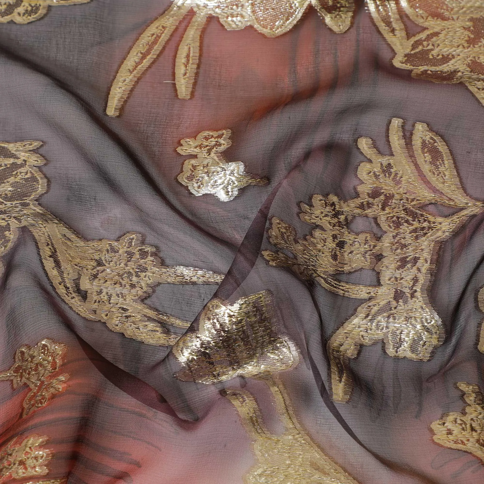 Rust, grey premium pure silk hand printed chiffon fabric with gold metallic lurex in floral design-D9075