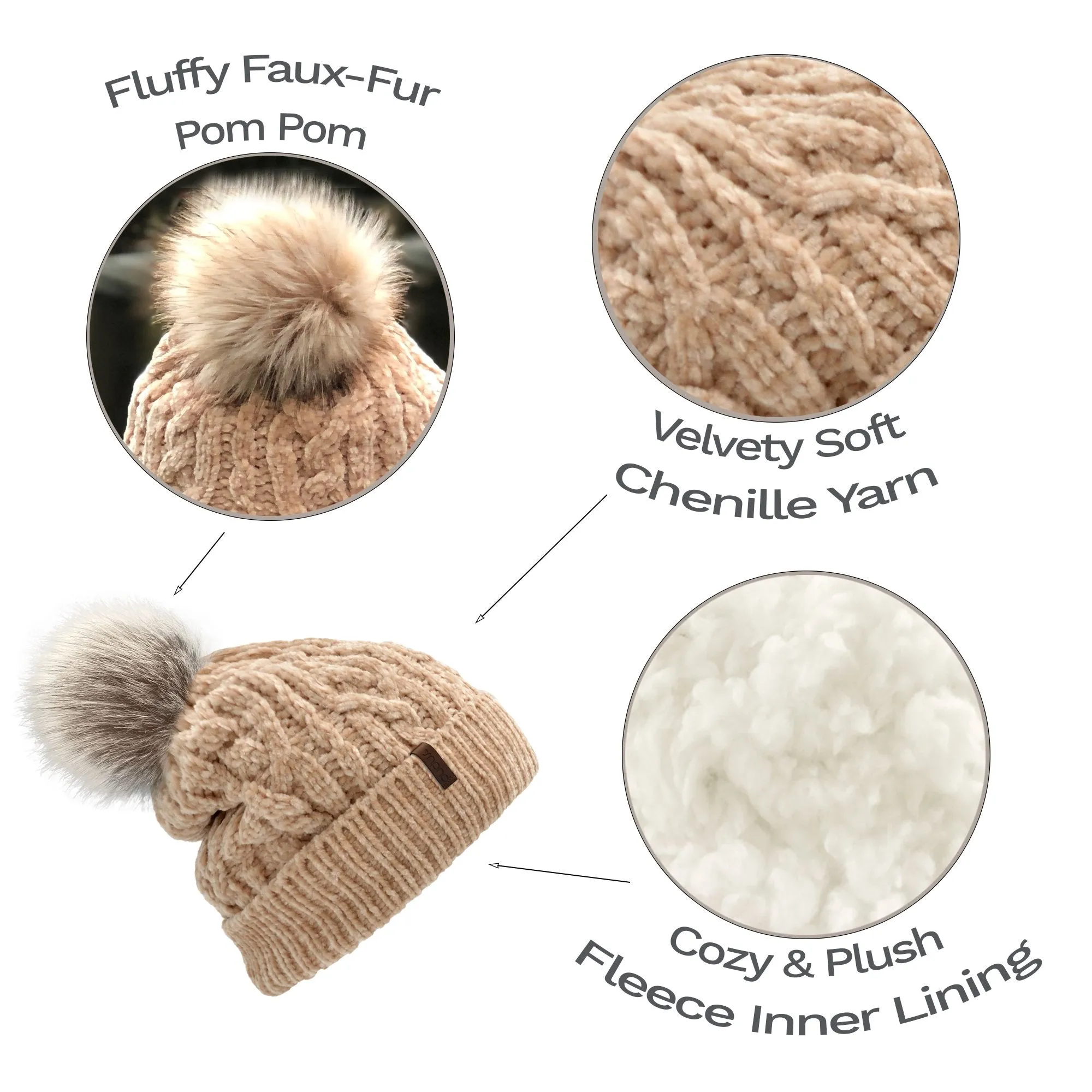 Sand Chenille Cable Knit - Beanie Hat Adult