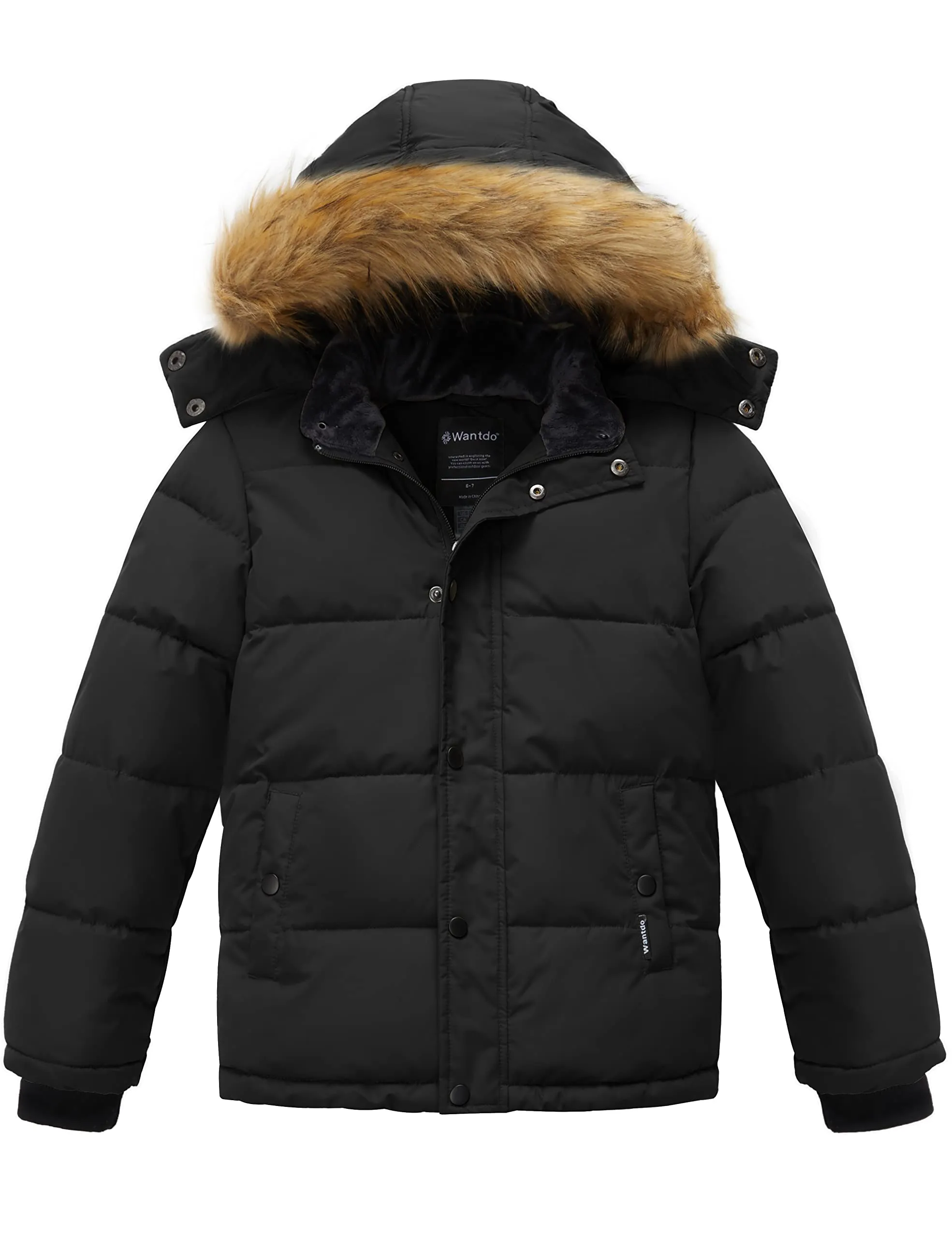 wantdo Boy's Windproof Winter Coat Puffer Jacket Soft Outerwear Black 10-12