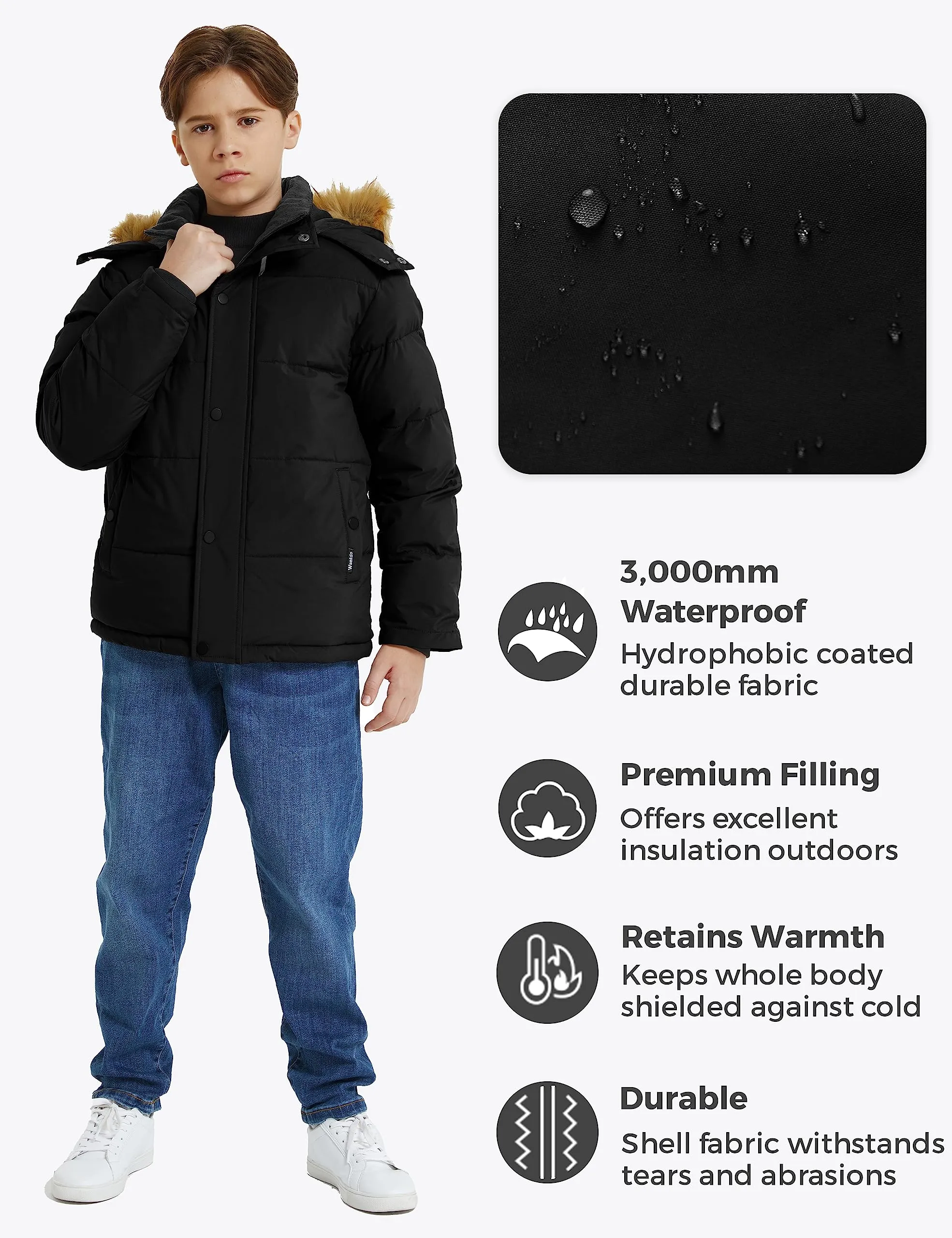 wantdo Boy's Windproof Winter Coat Puffer Jacket Soft Outerwear Black 10-12