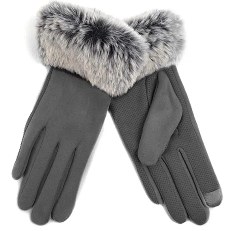 Women's Faux-Fur Cuff Touch-Screen Gloves with Non-Slip Grip