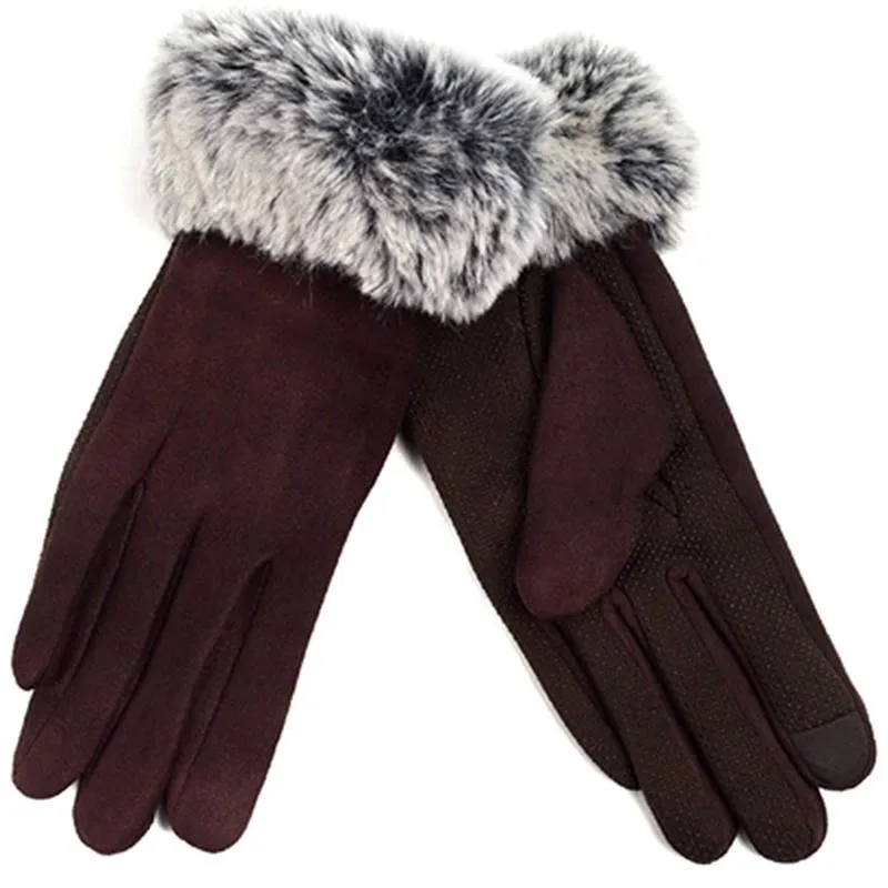 Women's Faux-Fur Cuff Touch-Screen Gloves with Non-Slip Grip