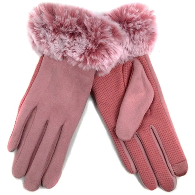 Women's Faux-Fur Cuff Touch-Screen Gloves with Non-Slip Grip