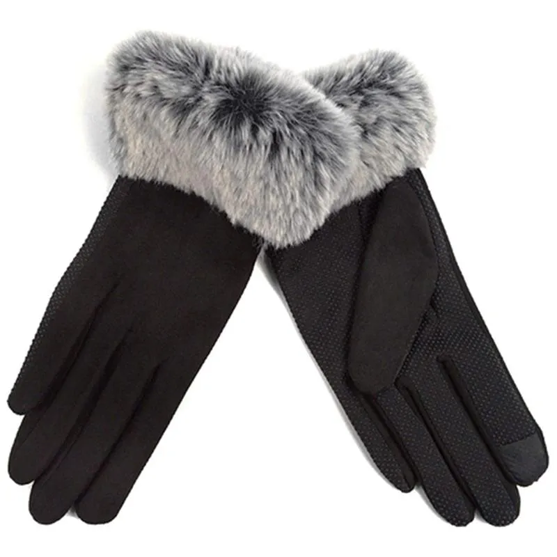 Women's Faux-Fur Cuff Touch-Screen Gloves with Non-Slip Grip