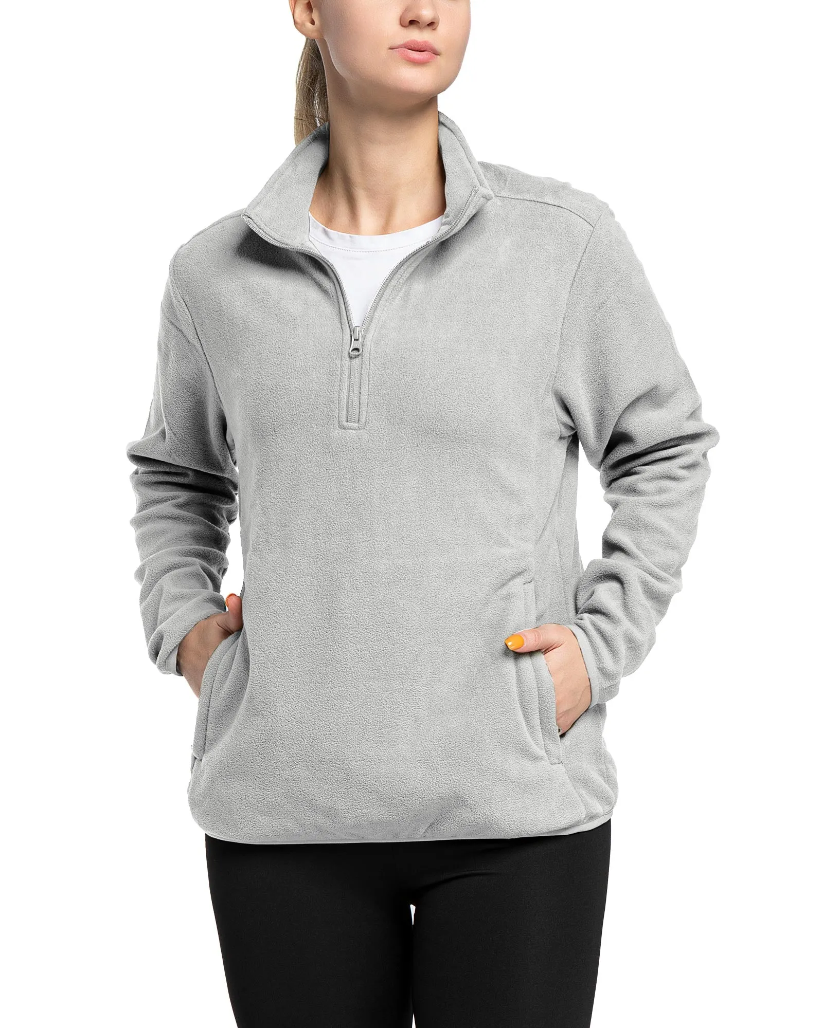 Women's Lightweight Long Sleeve Fleece Pullover Jacket, Quarter Zip Top Warm Polar Sweatshirt with Zipper Pockets