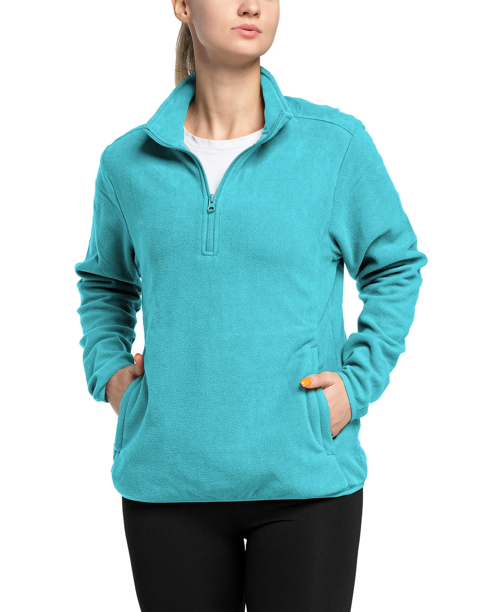 Women's Lightweight Long Sleeve Fleece Pullover Jacket, Quarter Zip Top Warm Polar Sweatshirt with Zipper Pockets