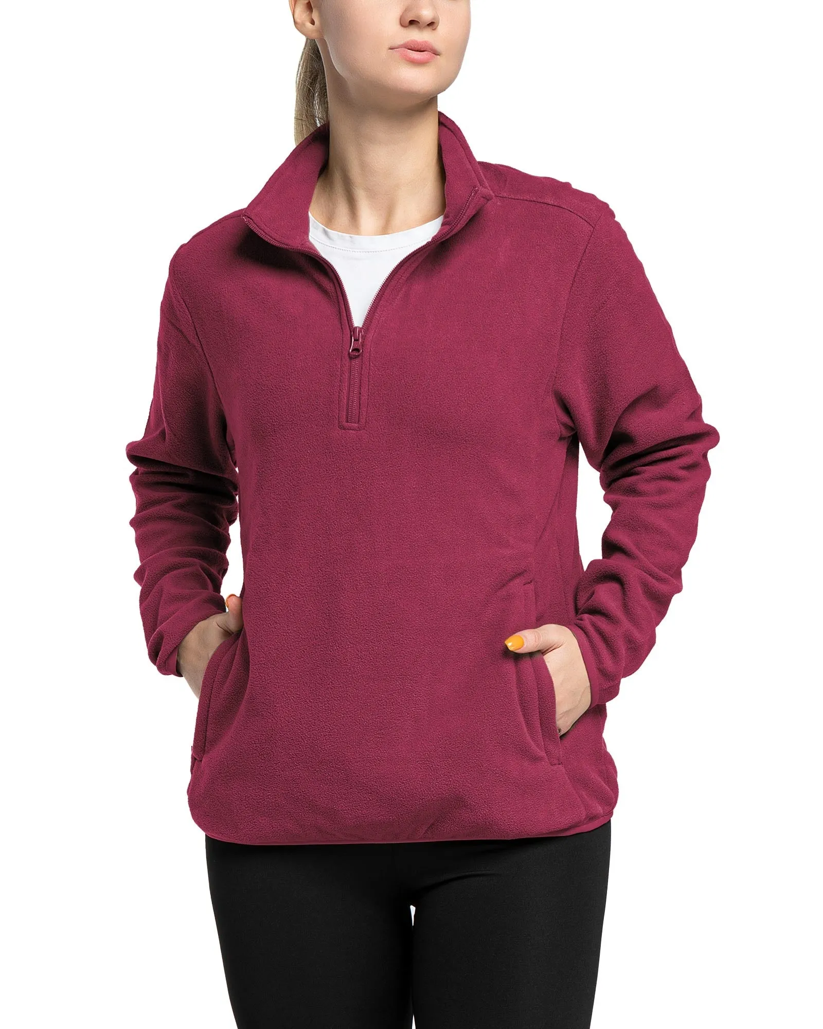 Women's Lightweight Long Sleeve Fleece Pullover Jacket, Quarter Zip Top Warm Polar Sweatshirt with Zipper Pockets