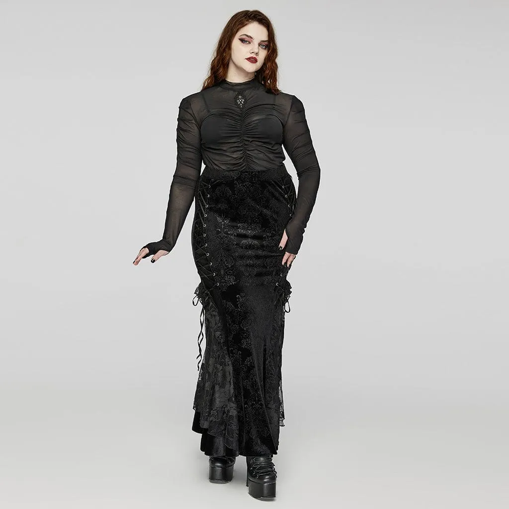 Women's Plus Size Gothic Floral Embroidered Pleated Mesh Shirt