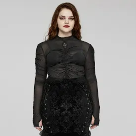 Women's Plus Size Gothic Floral Embroidered Pleated Mesh Shirt