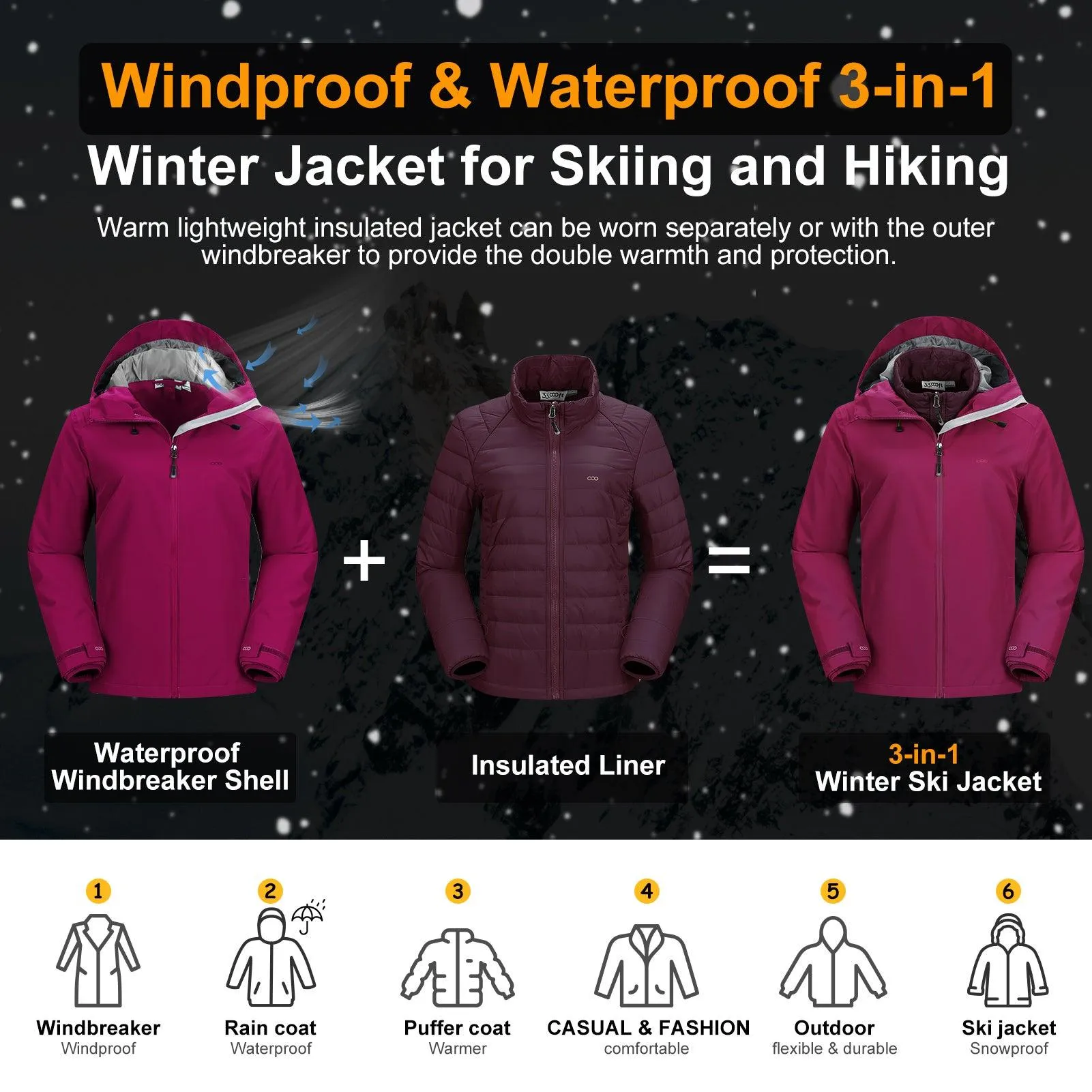 Women's Waterproof 3 in 1 ski Jacket Windproof Winter Snow Coat Ski Snowbaording Jackets Warm Raincoat