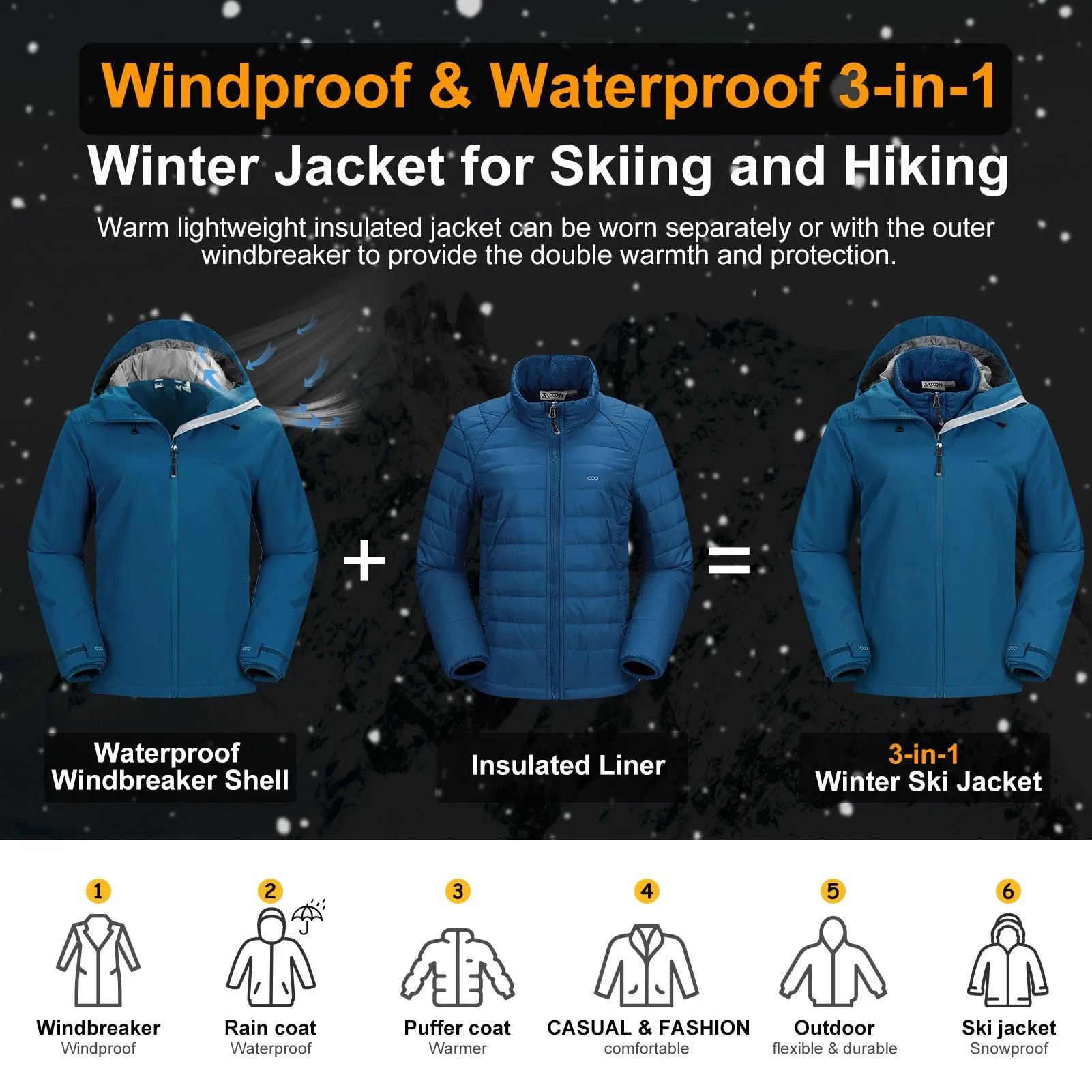 Women's Waterproof 3 in 1 ski Jacket Windproof Winter Snow Coat Ski Snowbaording Jackets Warm Raincoat