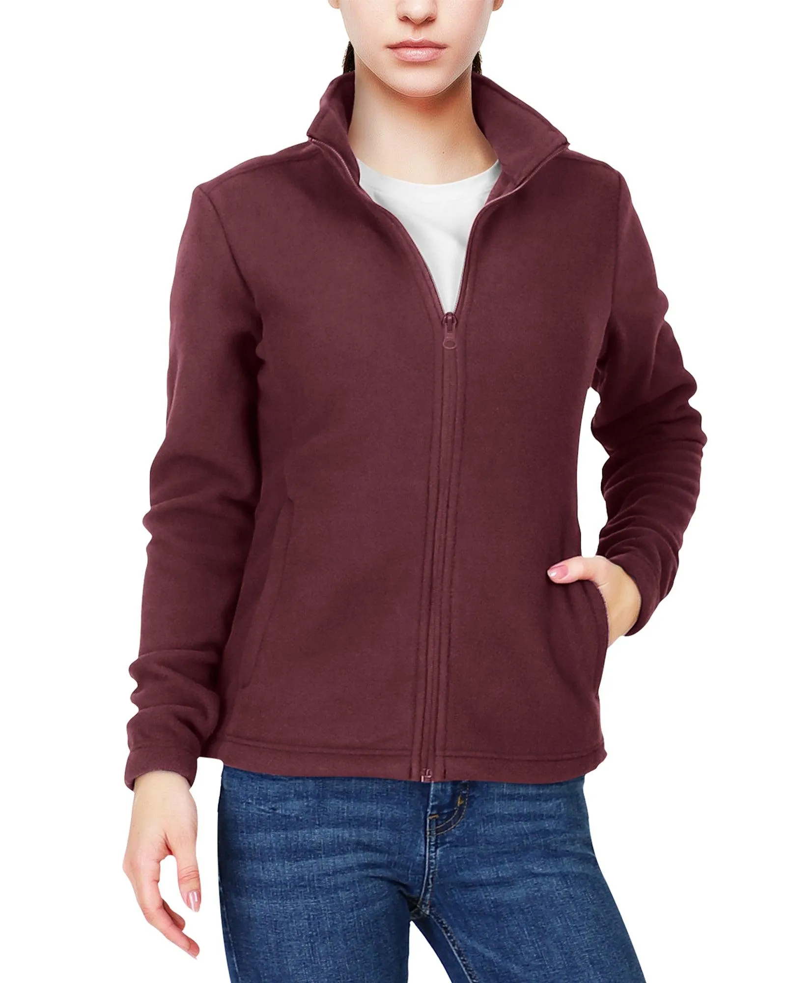 Women's Zip Up Fleece Jacket, Long Sleeve Warm Soft Polar Lightweight Coat with Pockets for Winter