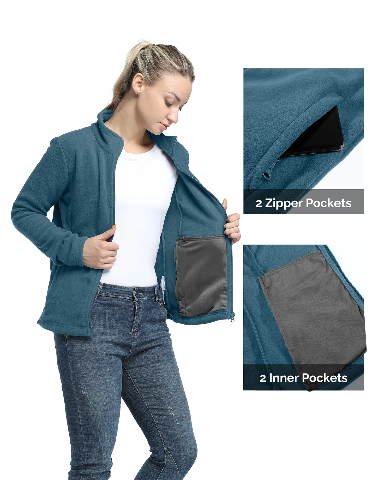 Women's Zip Up Fleece Jacket, Long Sleeve Warm Soft Polar Lightweight Coat with Pockets for Winter