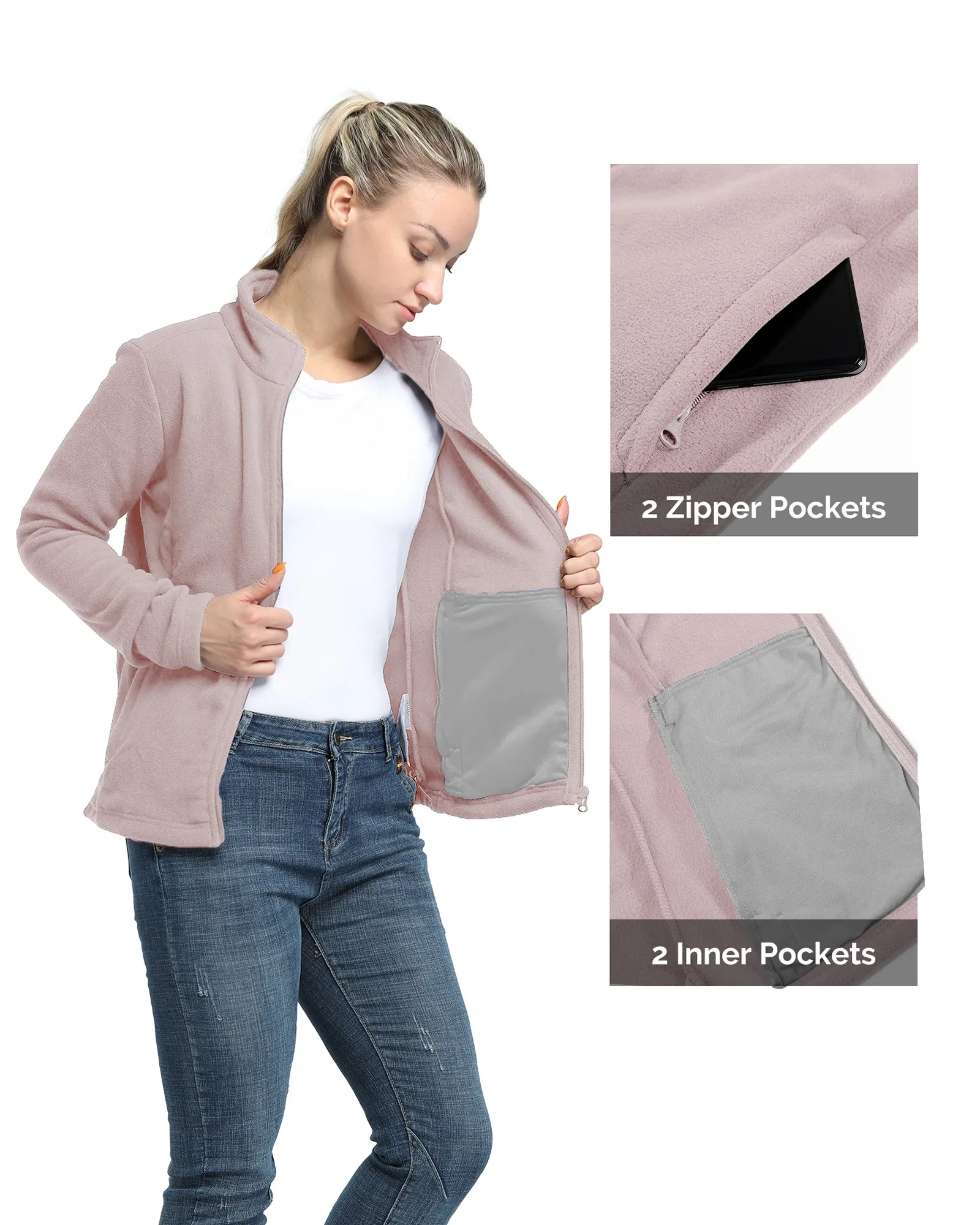 Women's Zip Up Fleece Jacket, Long Sleeve Warm Soft Polar Lightweight Coat with Pockets for Winter