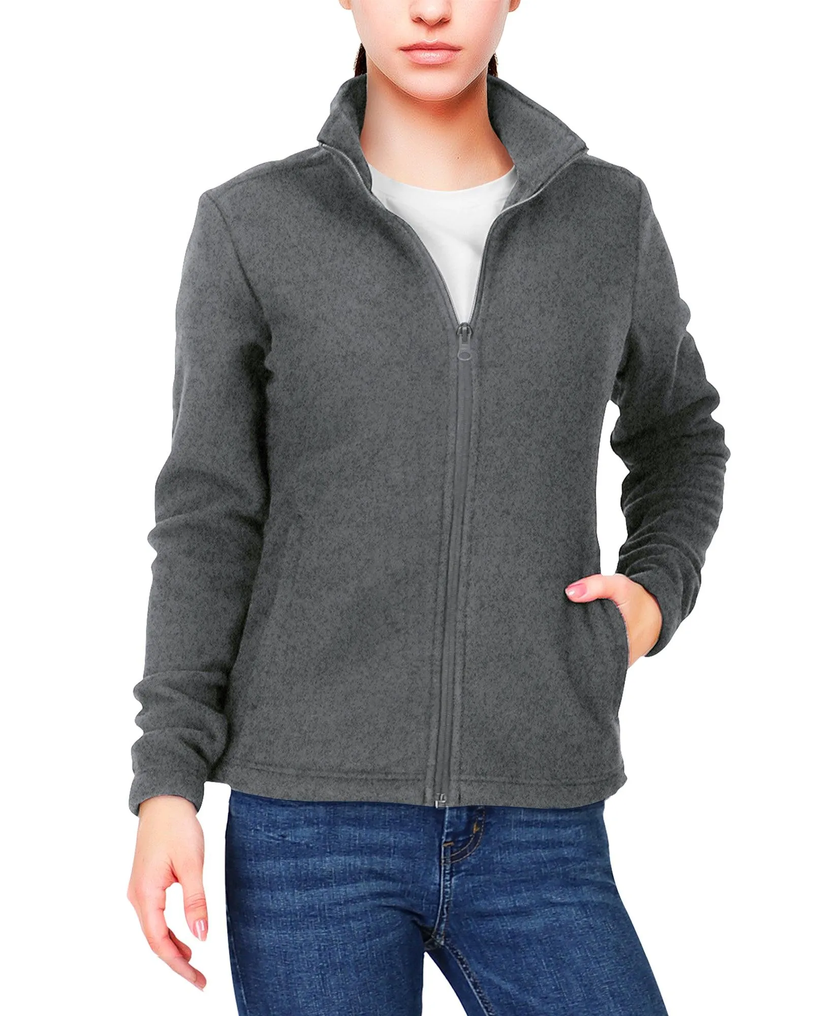 Women's Zip Up Fleece Jacket, Long Sleeve Warm Soft Polar Lightweight Coat with Pockets for Winter