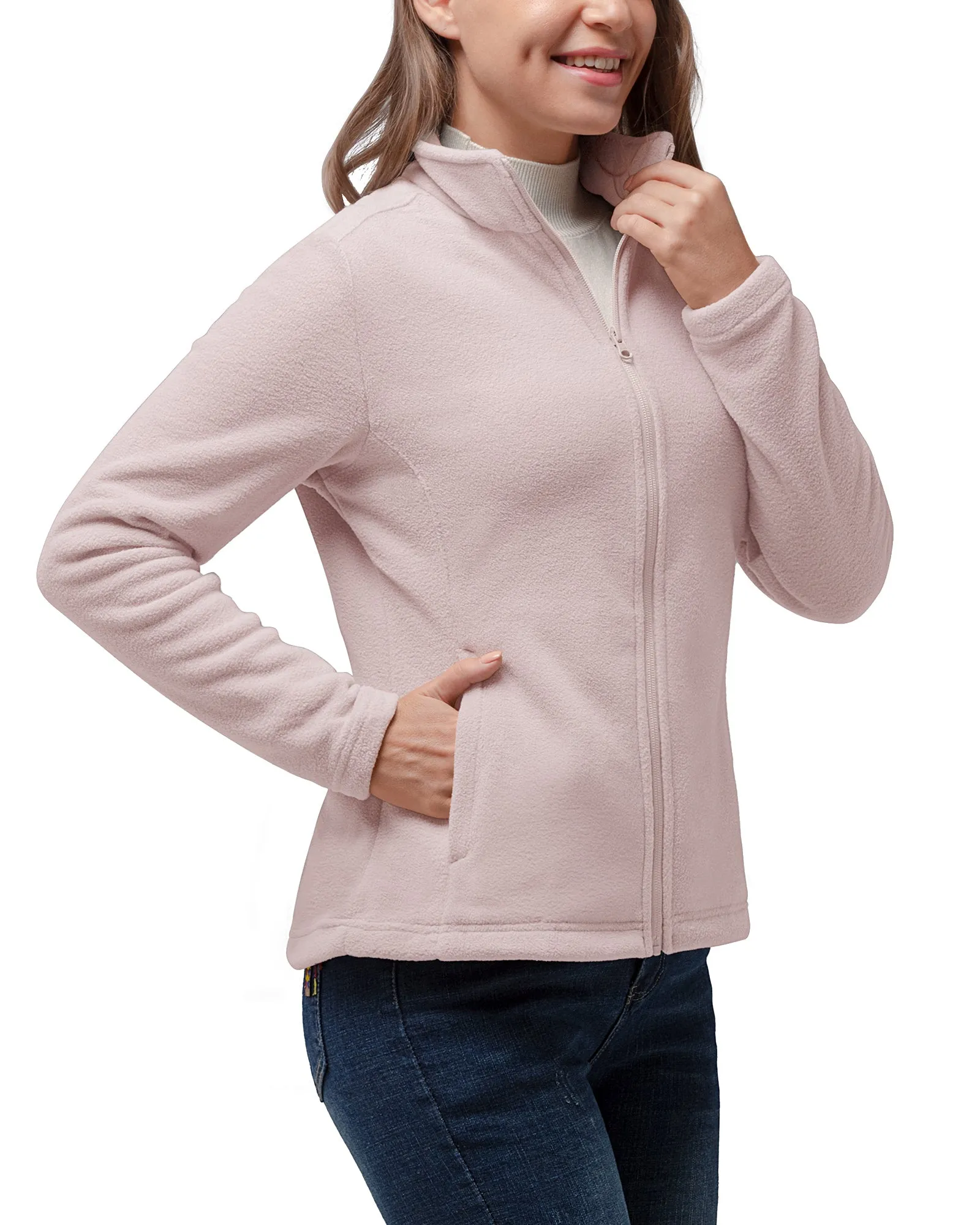 Women's Zip Up Fleece Jacket, Long Sleeve Warm Soft Polar Lightweight Coat with Pockets for Winter