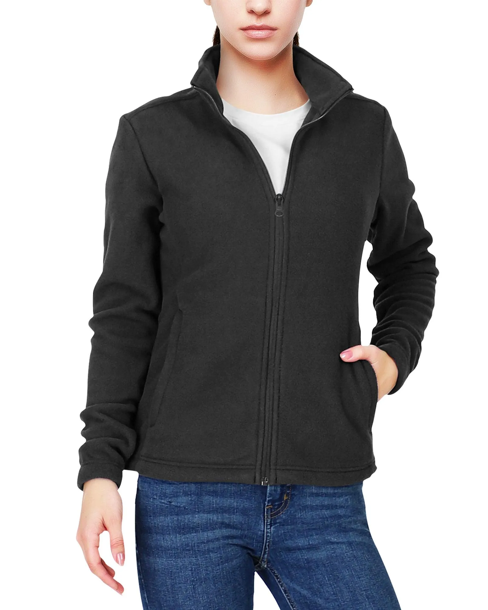 Women's Zip Up Fleece Jacket, Long Sleeve Warm Soft Polar Lightweight Coat with Pockets for Winter