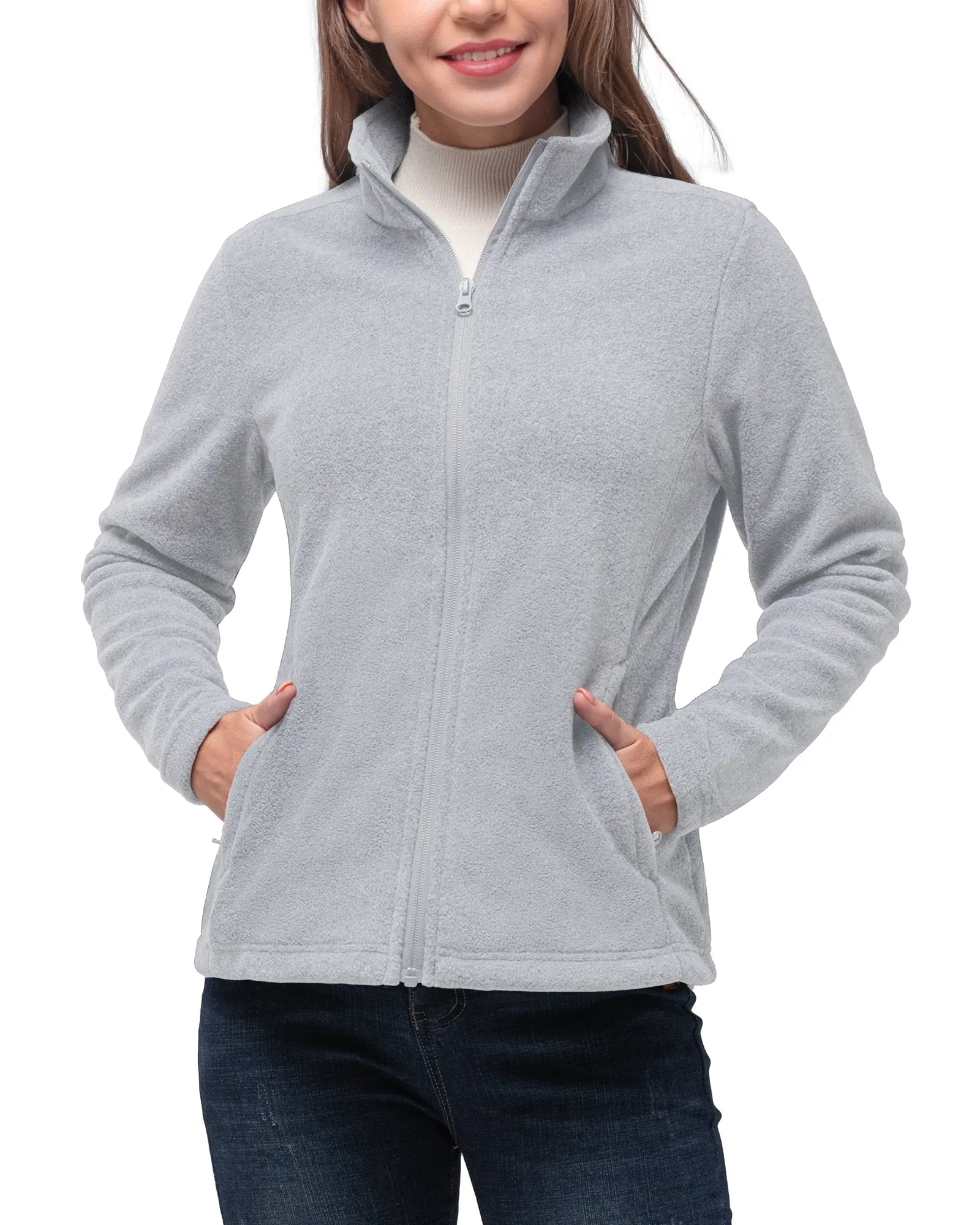 Women's Zip Up Fleece Jacket, Long Sleeve Warm Soft Polar Lightweight Coat with Pockets for Winter