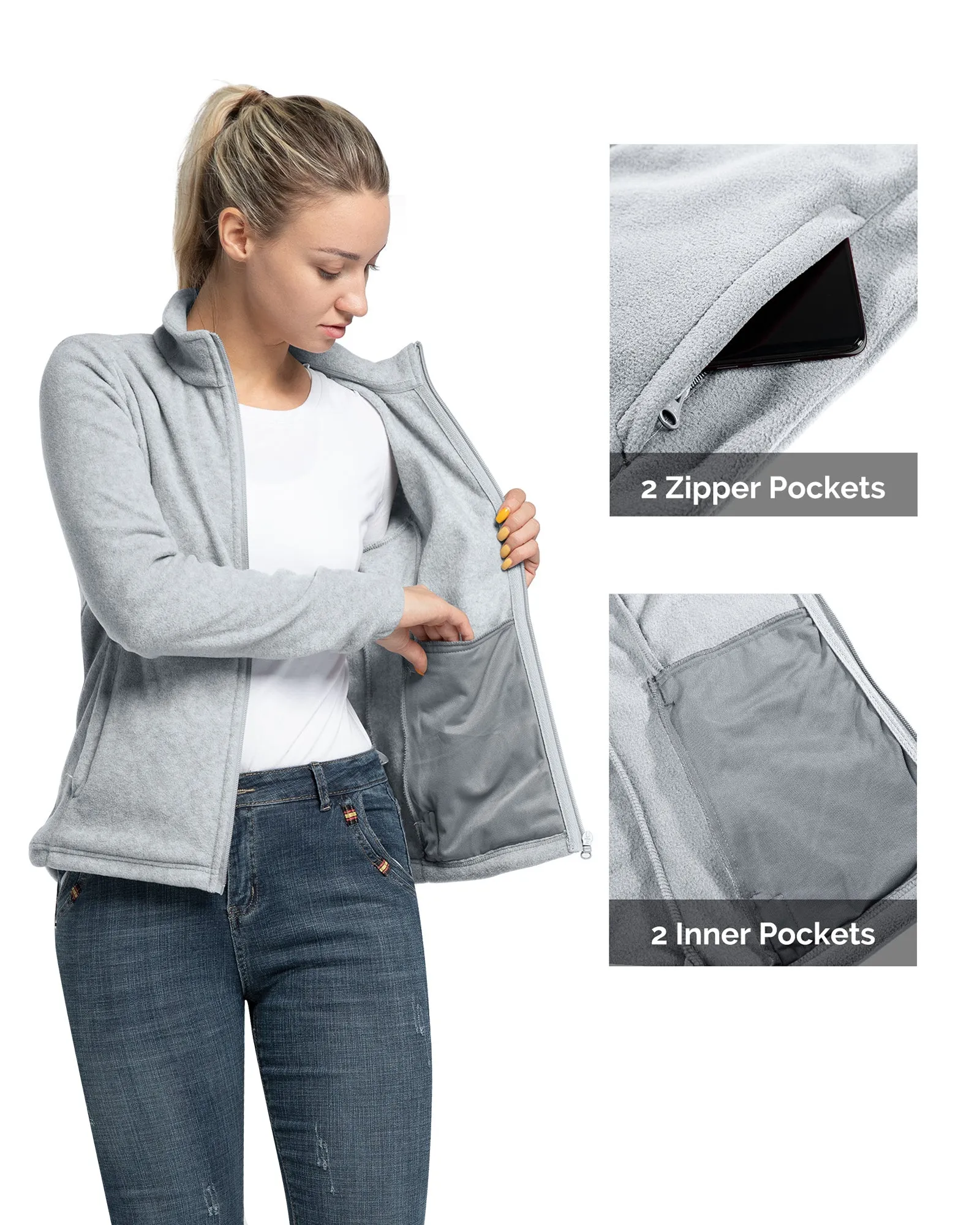 Women's Zip Up Fleece Jacket, Long Sleeve Warm Soft Polar Lightweight Coat with Pockets for Winter