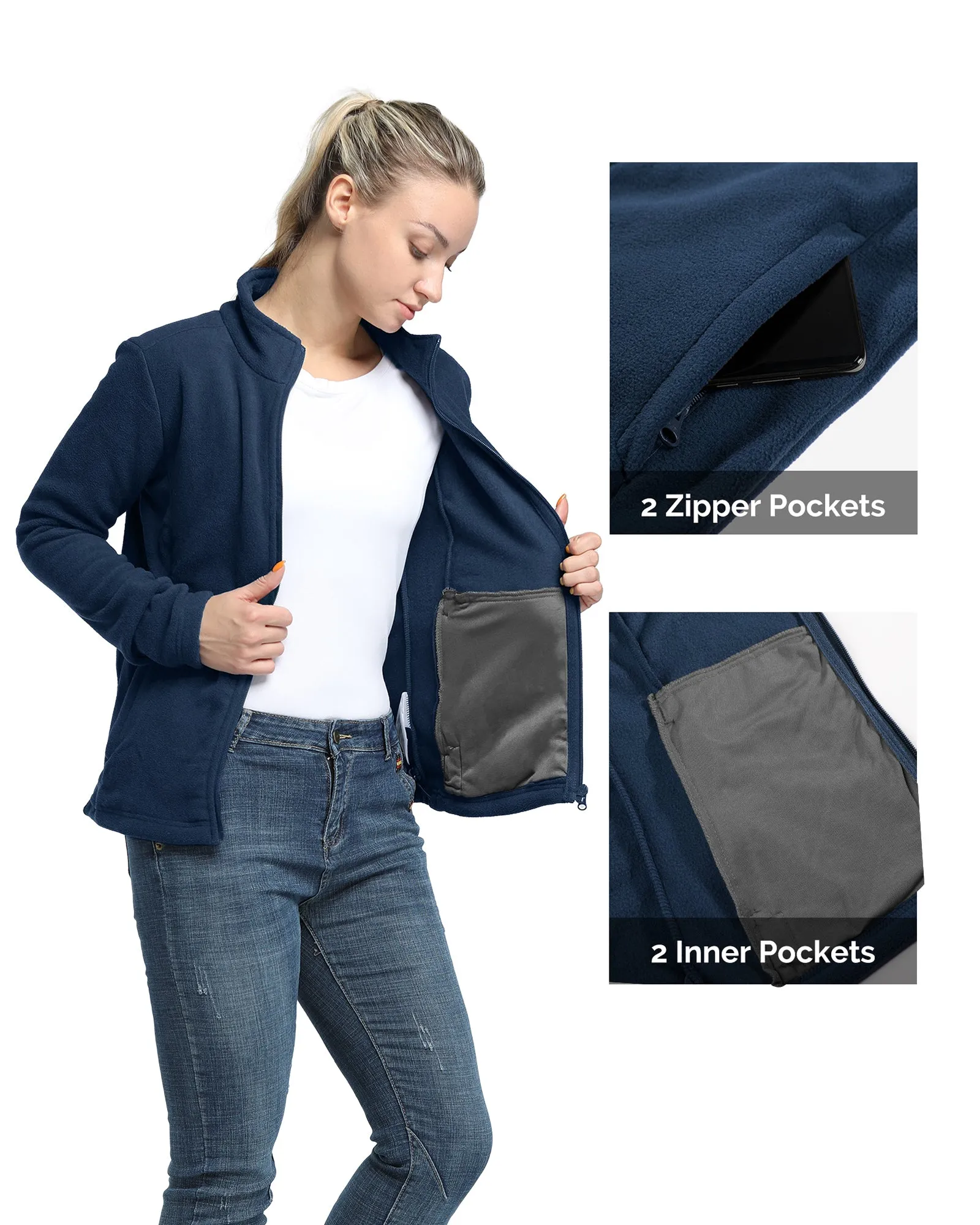 Women's Zip Up Fleece Jacket, Long Sleeve Warm Soft Polar Lightweight Coat with Pockets for Winter